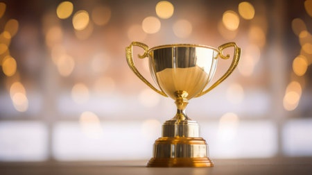 Gold trophy on table and blurry bokeh backgroundの写真素材
