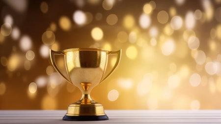 Gold trophy on table and blurry bokeh backgroundの写真素材