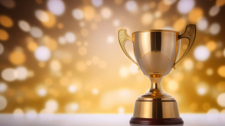 Gold trophy on table and blurry bokeh backgroundの写真素材