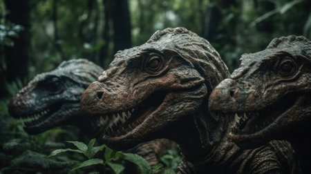 Tyrannosaurus or T-Rex staring out from the jungle burst with cinemeatic lightの写真素材