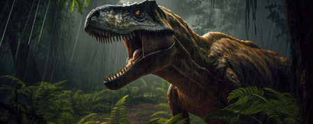 Tyrannosaurus or T-Rex staring out from the jungle burst with cinemeatic lightの写真素材