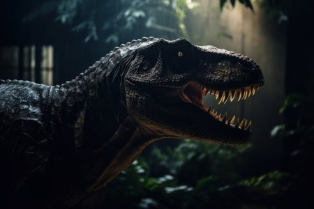 Tyrannosaurus or T-Rex staring out from the jungle burst with cinemeatic lightの写真素材