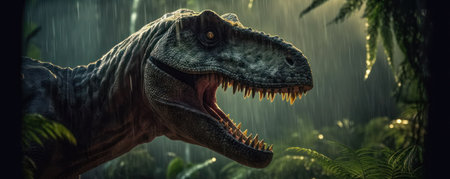 Tyrannosaurus or T-Rex staring out from the jungle burst with cinemeatic lightの写真素材