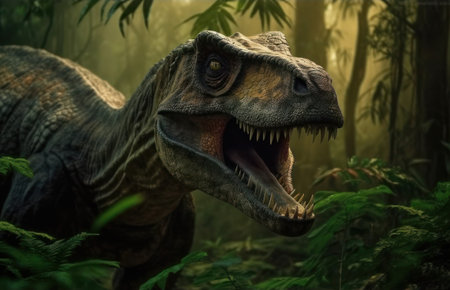 Tyrannosaurus or T-Rex staring out from the jungle burst with cinemeatic lightの写真素材