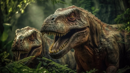 Tyrannosaurus or T-Rex staring out from the jungle burst with cinemeatic lightの写真素材