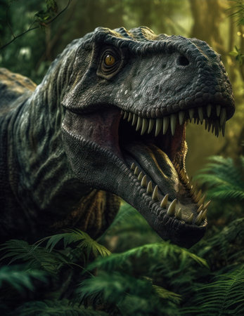 Tyrannosaurus or T-Rex staring out from the jungle burst with cinemeatic lightの写真素材