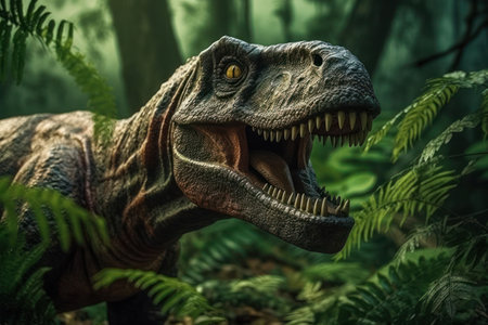 Tyrannosaurus or T-Rex staring out from the jungle burst with cinemeatic lightの写真素材