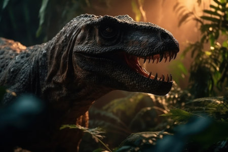 Tyrannosaurus or T-Rex staring out from the jungle burst with cinemeatic lightの写真素材