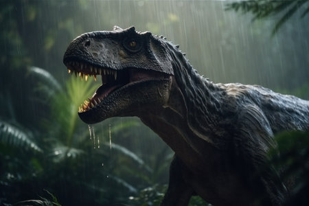Tyrannosaurus or T-Rex staring out from the jungle burst with cinemeatic lightの写真素材