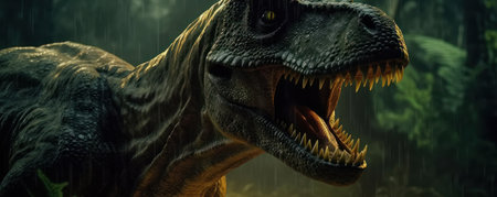 Tyrannosaurus or T-Rex staring out from the jungle burst with cinemeatic lightの写真素材