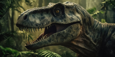 Tyrannosaurus or T-Rex staring out from the jungle burst with cinemeatic lightの写真素材