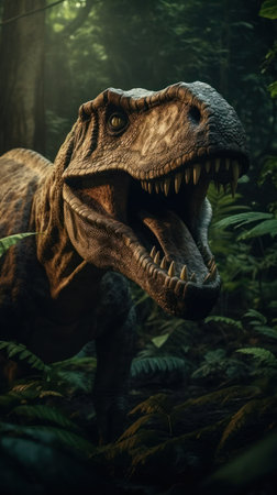 Tyrannosaurus or T-Rex staring out from the jungle burst with cinemeatic lightの写真素材
