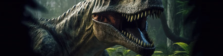 Tyrannosaurus or T-Rex staring out from the jungle burst with cinemeatic lightの写真素材