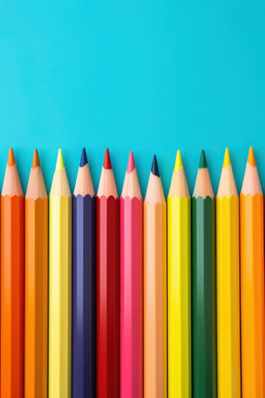 A group Colored pencils row on blue backgroundの写真素材
