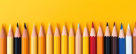 A group Colored pencils row on yellow backgroundの写真素材