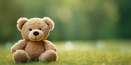 Cute teddy bear isolated on soft pastel background, with copy space for ads and textの素材