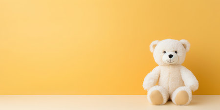 Cute teddy bear isolated on soft pastel background, with copy space for ads and textの素材
