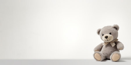 Cute teddy bear isolated on soft pastel background, with copy space for ads and textの素材