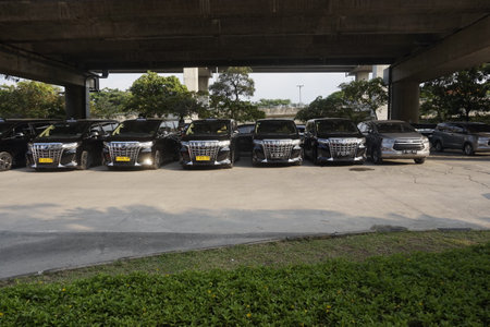 Black Taxi cars waiting arrival passengers in front of Airport Gateの写真素材