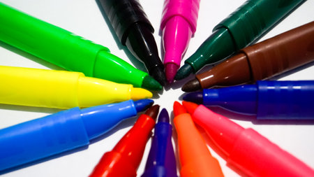 Multicolored felt-tip pens isolated on a white background.の写真素材
