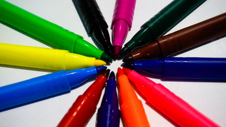 Colorful markers on a white background. Selective focus. Toned.の写真素材