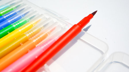 Colorful felt-tip pens on a white background, close upの写真素材