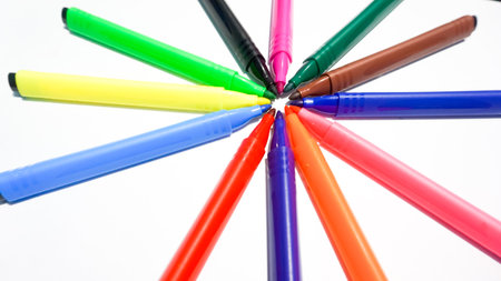 Colorful felt-tip pens on a white background close-upの写真素材