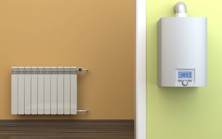 Heating radiator and gas boiler, 3D illustrationの写真素材