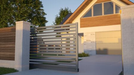 Automatic Sliding Gate and house, 3d illustrationの写真素材
