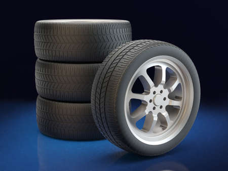 Car Tires on blue background, 3D illustrationの写真素材