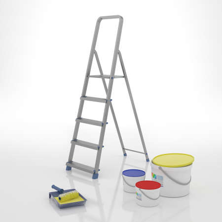 Repair concept. Ladder and paints, 3D illustrationの写真素材