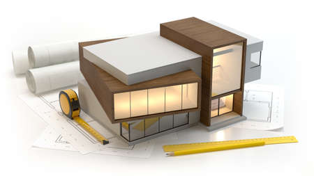 House model and plans isolated on white, 3D illustration