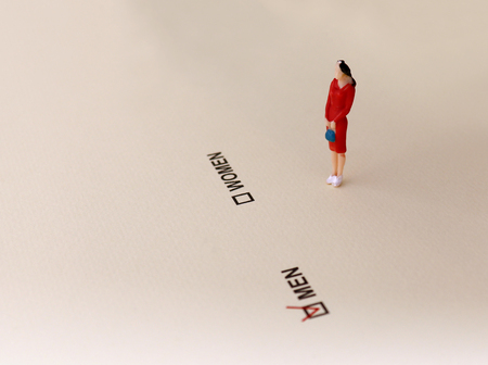 MEN and WOMEN check boxes with red check mark in the MEN box. Social differentiation concept for...