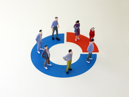 Miniature men and women standing on a donut graph. Concept of gender employment in the workplace.