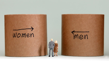 The text 'men' and 'women' with arrow showing direction. Equal employment opportunity concept.