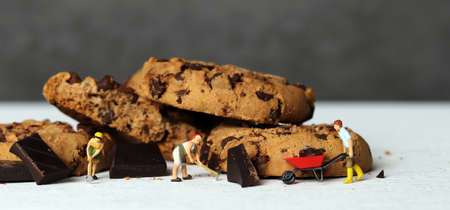 Three miniature farmers dragging chocolate chip cookies and cart. Miniature people and chocolate cookies with business concept.の写真素材