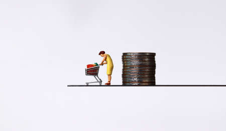 A miniature woman dragging a shopping cart on the edge of a cliff. A pile of coins and a miniature...