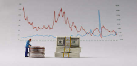 Business concept with graphs and miniature people. Miniature people and money.