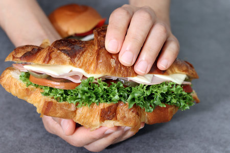 Close up image of a hand holding a sandwich. Bread with vegetables and ham.の写真素材