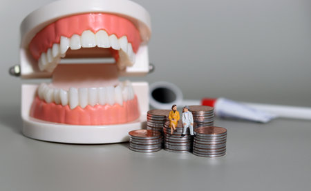 The burden of dental expenses for the elderly. Old man and a pile of coins in front of a tooth model.の写真素材