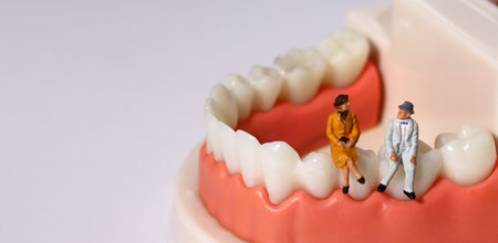 Two miniature old men sitting on a model of their teeth. The burden of dental expenses for the elderly.の写真素材
