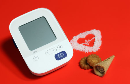 Digital blood pressure monitors and unhealthy food, confectionery, high sugar. Sweet snacks can...