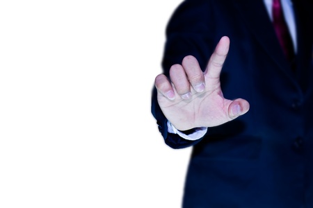 hand of business man pushing a button on a touch screen interfaceの写真素材