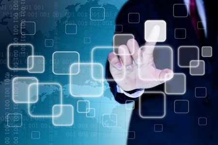 hand of business man pushing a button on a touch screen interfaceの写真素材
