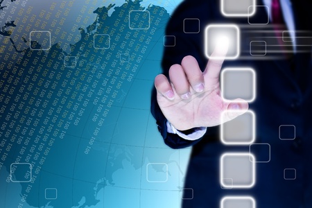 hand of business man pushing a button on a touch screen interface の写真素材