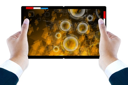 men hand carrying book isolated on Abstract digital Orange background with arrows の写真素材