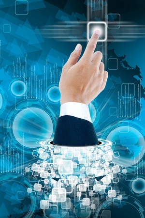 hand of business man pushing a button on a touch screen interface の写真素材