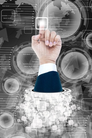 hand of business man pushing a button on a touch screen interface の写真素材