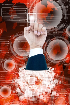 hand of business man pushing a button on a touch screen interface の写真素材