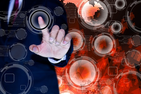 hand of business man pushing a button on a touch screen interfaceの写真素材